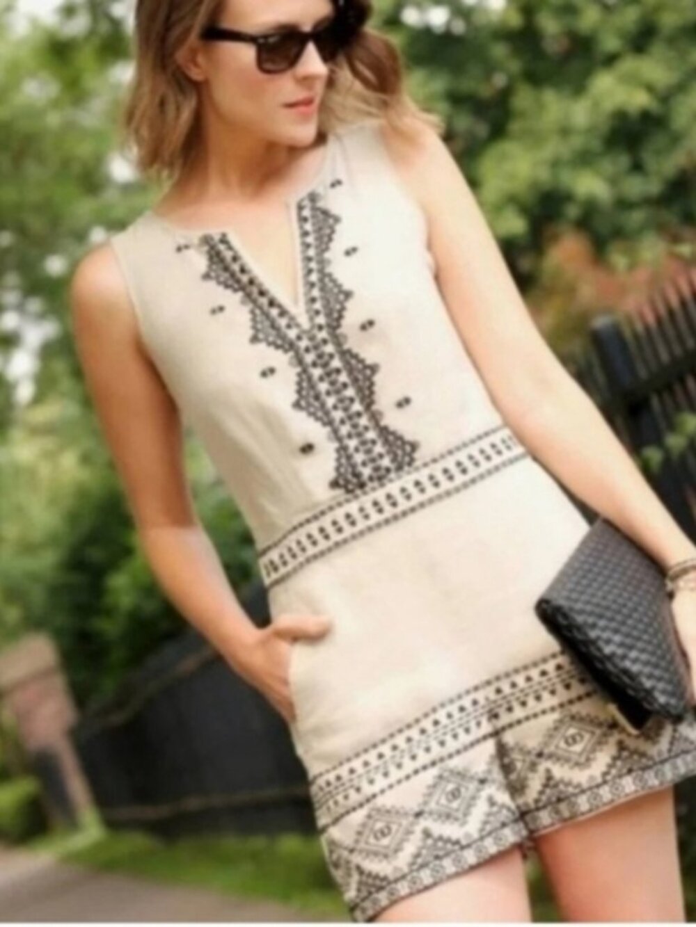 LOFT Boho Beige Black Embroidered Linen Romper Short 2P